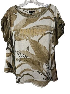 {EUC} Paradise Print Tropical Short Sleeve Top - Metallic Gold & Cream <